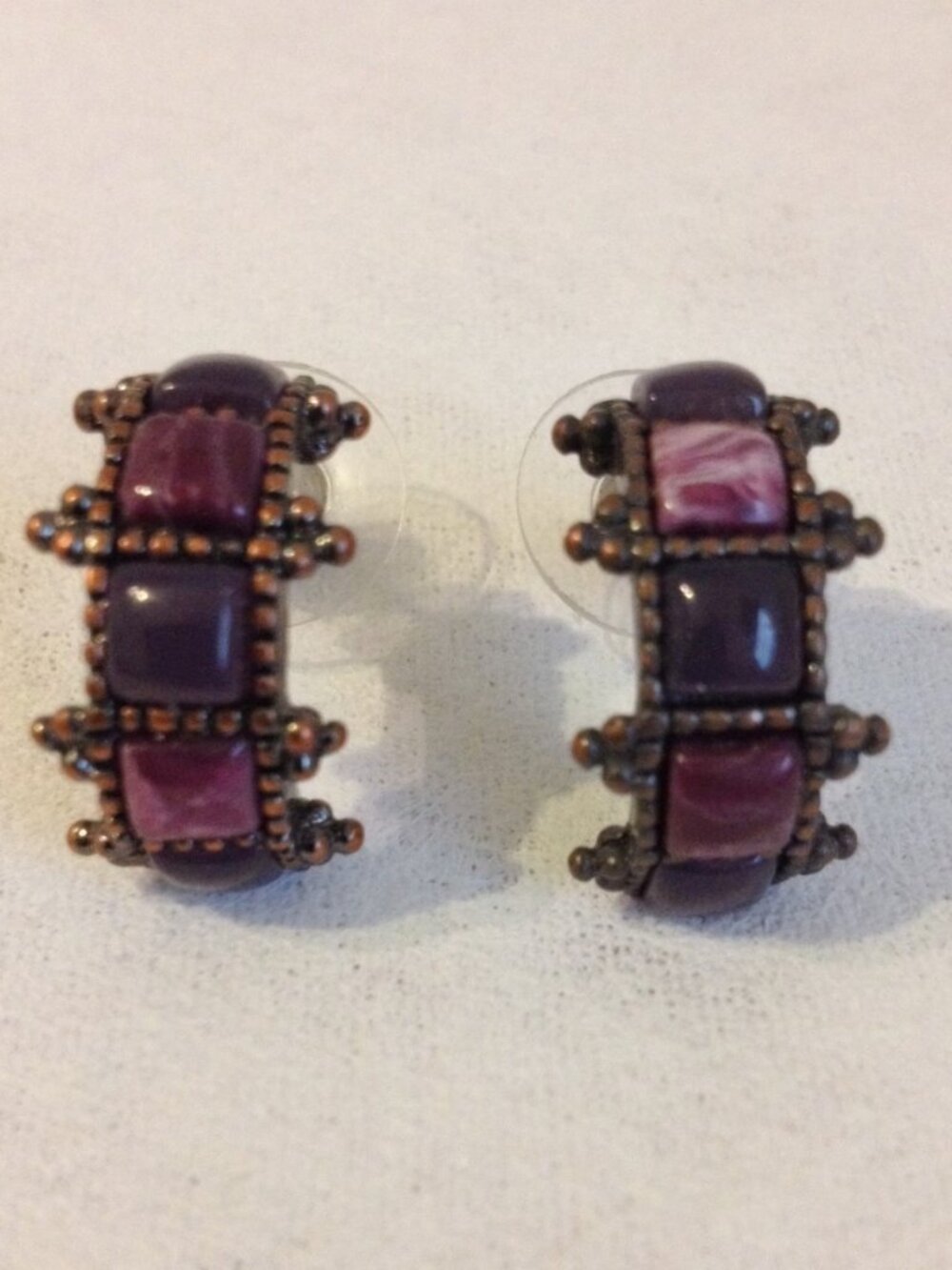 Bronze Tone Metal Earrings Purple Stone Half Moon Hoop Pierced Post Ornate